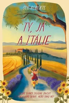 Boekcover met Vespa-rijder op Italiaans platteland, zonnige velden en cipressen.