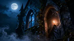 Spookachtig kasteel bij nacht met volle maan en mysterieuze figuur bij de deur met fakkel.